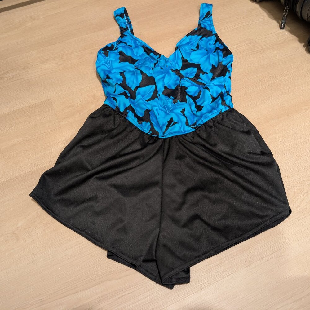 14 Vintage Pacific Connections One Piece Romper Floral Blue Black soft bra Swim